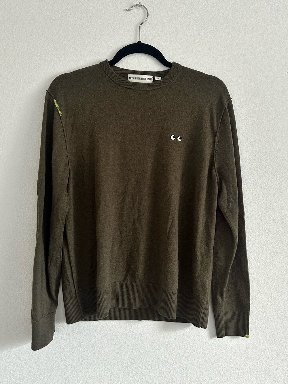 UNIQLO x Anya Hindmarch Merino Wool Eyes Crewneck Sweater Olive Brown Size L